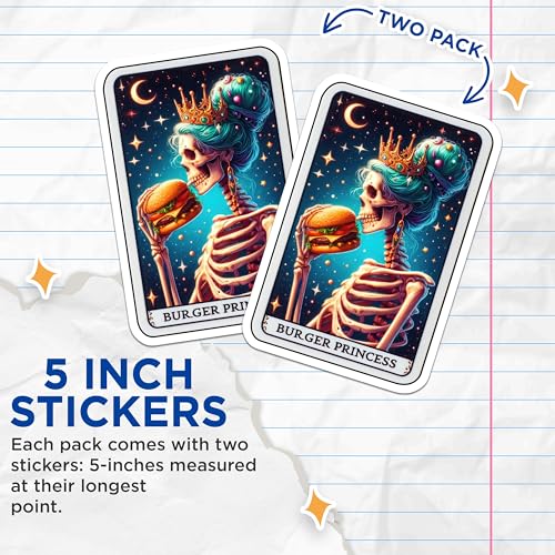 (2 Pack) Skeleton Eating Burger Stickers - Burger Lover Decal - Goth Aesthetic Food Stickers - 5" On Longest Side - Sticks to Smooth Flat Surfaces - Made in USA - BMCS4796