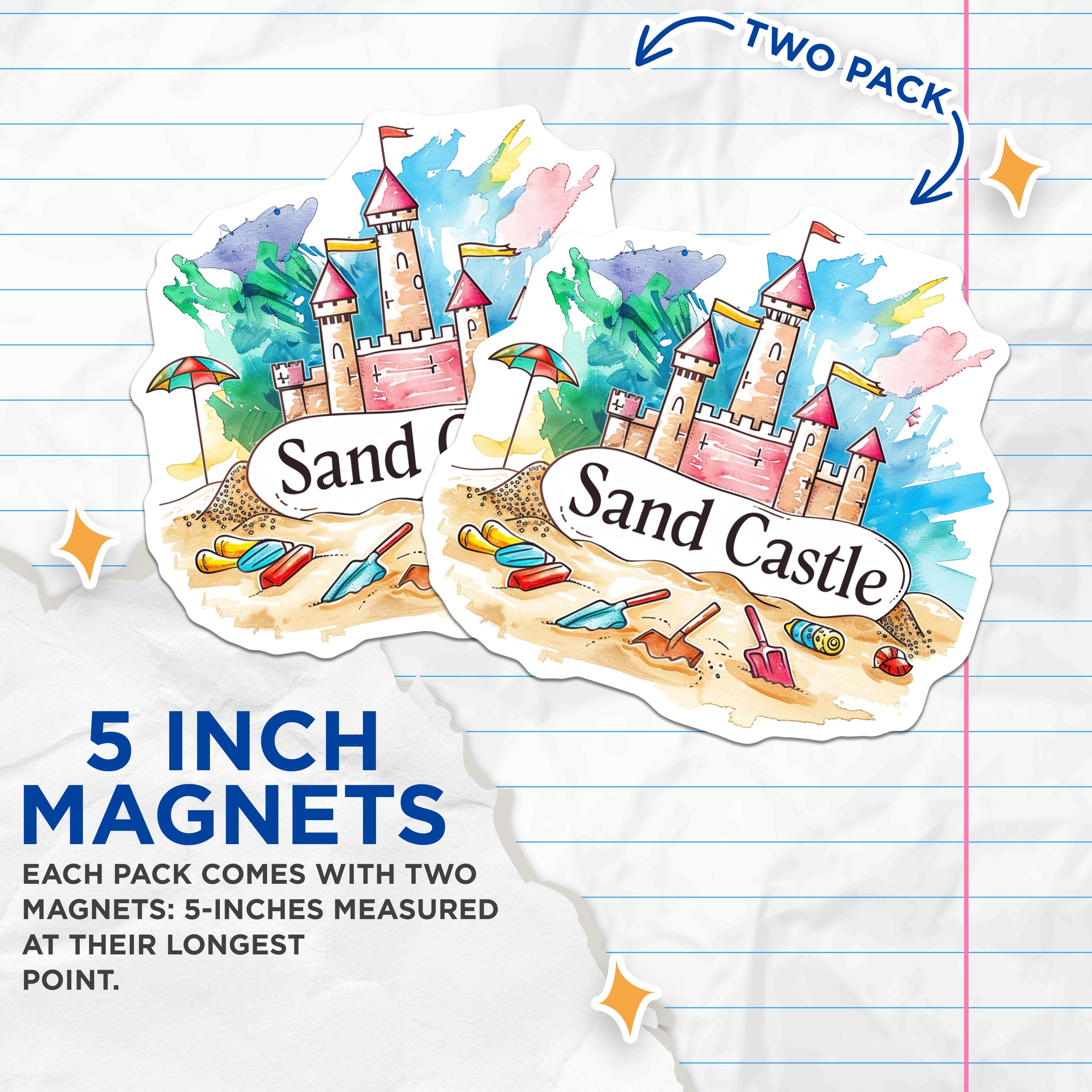 (2 Pack) Sand Castle Magnets - Watercolor Beach Decor - Summer Vacation Souvenirs - Coastal Fridge Art - 5 Inches On Longest Side - Thick Durable Magnet - Made in USA - MAG38121