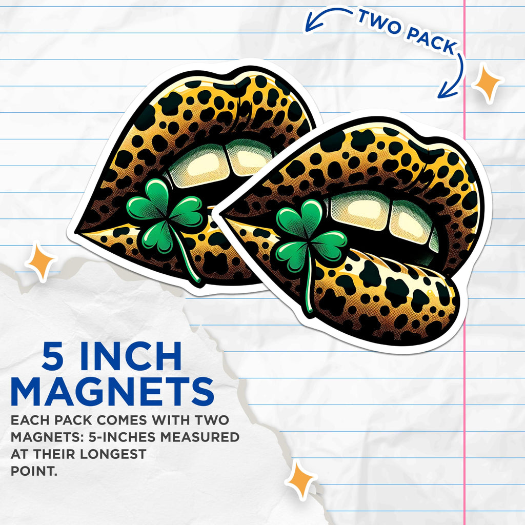 (2 Pack) Leopard Print Lips Magnets - Clover Mouth Art - St Patricks Day Fridge Decor - 5" On Longest Side - Premium Magnet - for Cars, Refrigerators, Toolboxes, Lockers - Made in USA - MAG17022