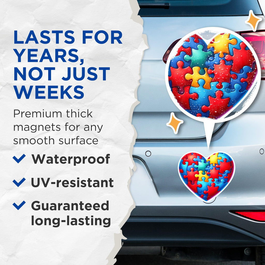 (2 Pack) Autism Puzzle Piece Heart Shaped Magnets - 5 Inches On Longest Side - Premium Magnet - for Cars, Refrigerators, Toolboxes - Made in USA - MAG2142