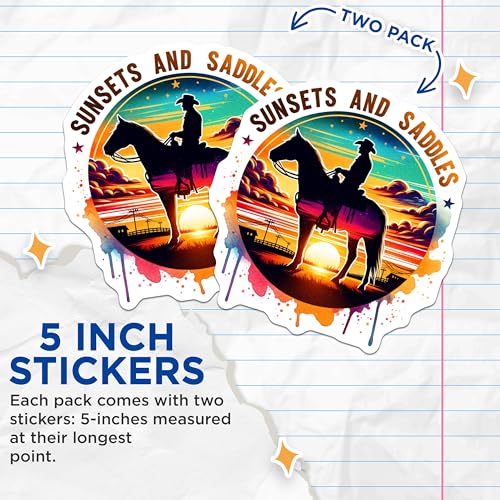 (2 Pack) Sunsets and Saddles Stickers - Cowboy Horse Silhouette - Western Sunset Art - 5" On Longest Side - Sticks to Smooth Flat Surfaces - Made in USA - BMCS6422