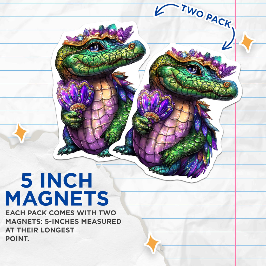 (2 Pack) Alligator Magnets - Mardi Gras Alligator - Crowned Reptile Magnets - 5" On Longest Side - Premium Magnet - for Cars, Refrigerators, Toolboxes, Lockers - Made in USA - MAG16455