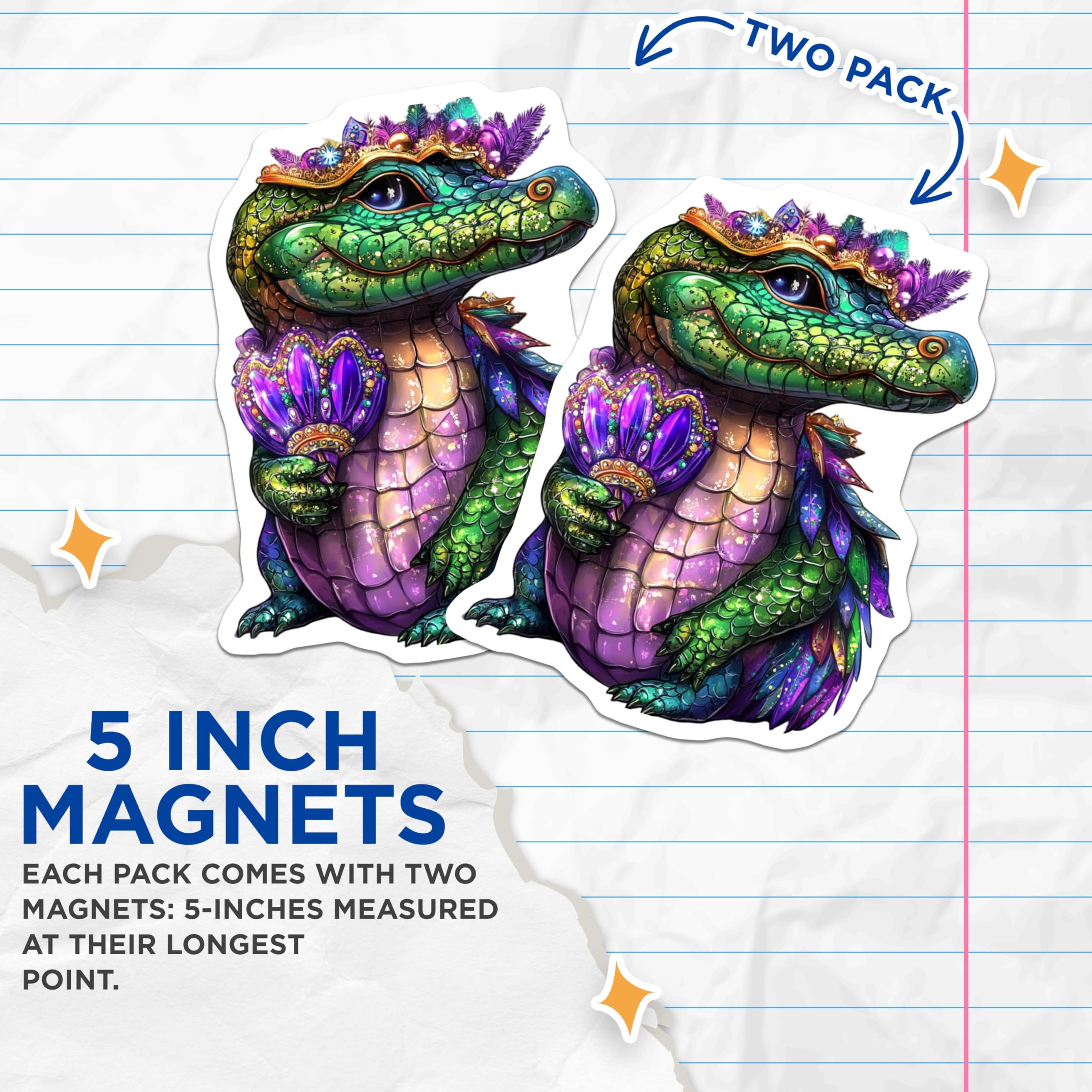 (2 Pack) Alligator Magnets - Mardi Gras Alligator - Crowned Reptile Magnets - 5" On Longest Side - Premium Magnet - for Cars, Refrigerators, Toolboxes, Lockers - Made in USA - MAG16455