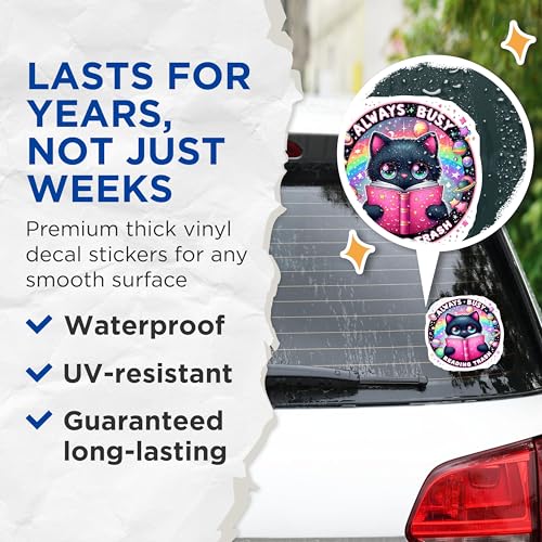 (2 Pack) Always Busy Stickers - Reading Trash Stickers - Cute Cat Stickers - 5" On Longest Side - Sticks to Smooth Flat Surfaces - Made in USA - BMCS4599