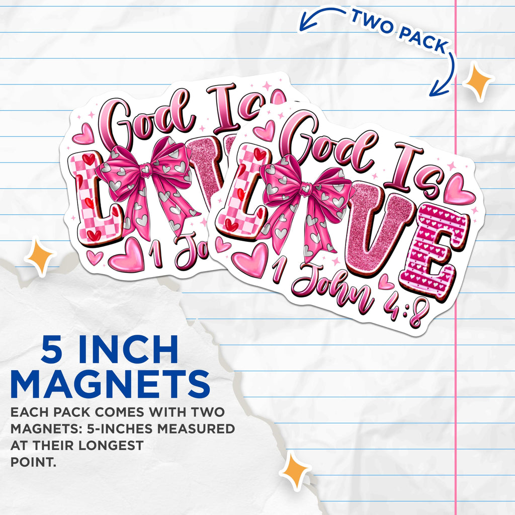 (2 Pack) God is Love Magnets - Christian Scripture Art - 1 John 4 8 Religious Verse Decor Pink Hearts Bow - 5 Inches On Longest Side - Thick Durable Magnet - Made in USA - MAG24939