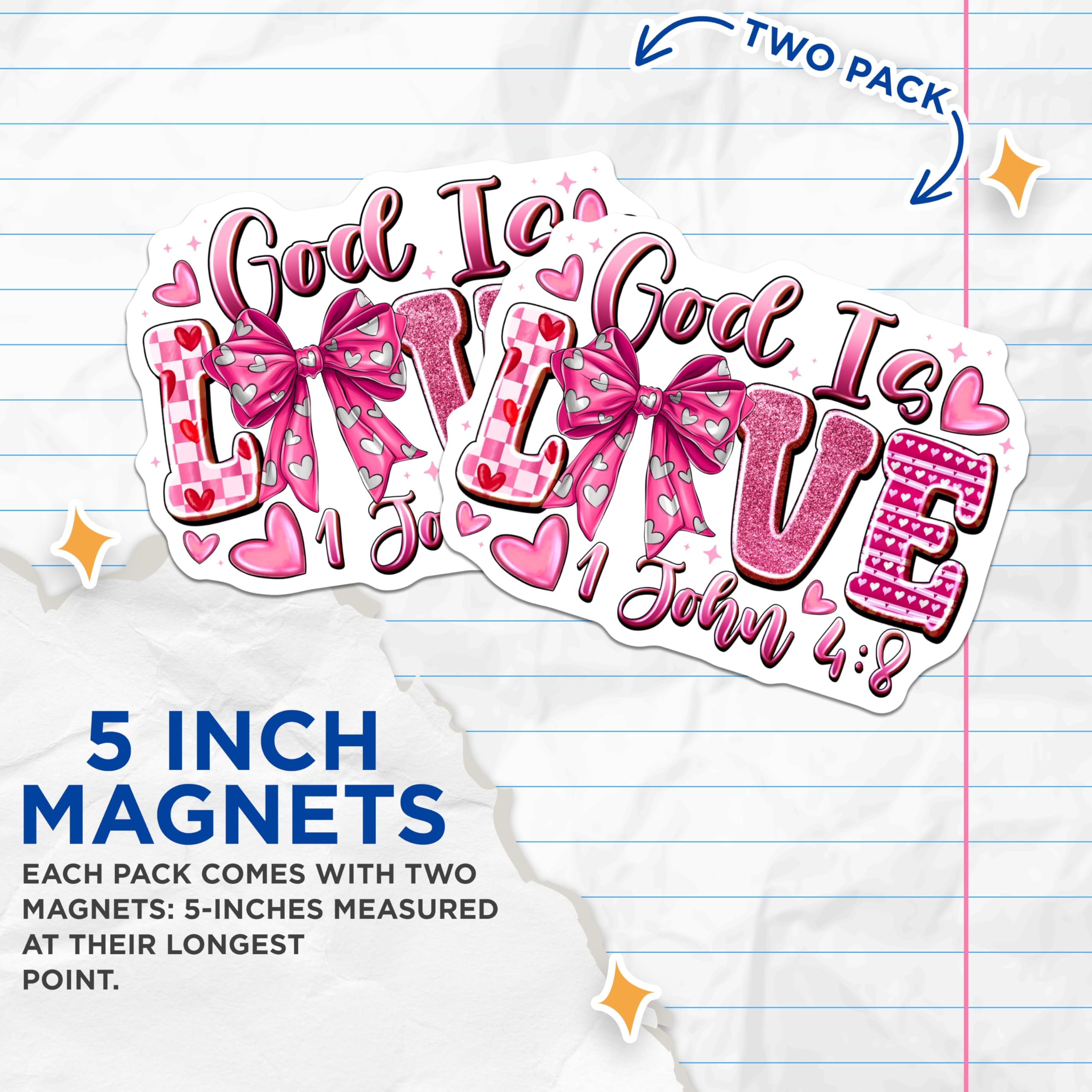 (2 Pack) God is Love Magnets - Christian Scripture Art - 1 John 4 8 Religious Verse Decor Pink Hearts Bow - 5 Inches On Longest Side - Thick Durable Magnet - Made in USA - MAG24939