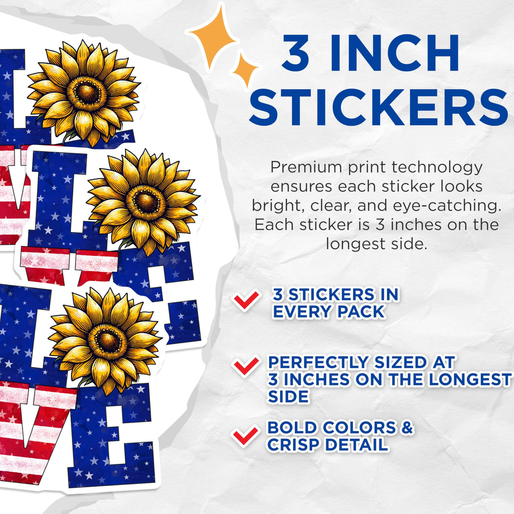 (3 Pack) Sunflower Love Decals - American Flag Stars - Patriotic Laptop Decals - 3 Inches On Longest Side - Easy Peel & Apply - Made in USA - 3MCS6634