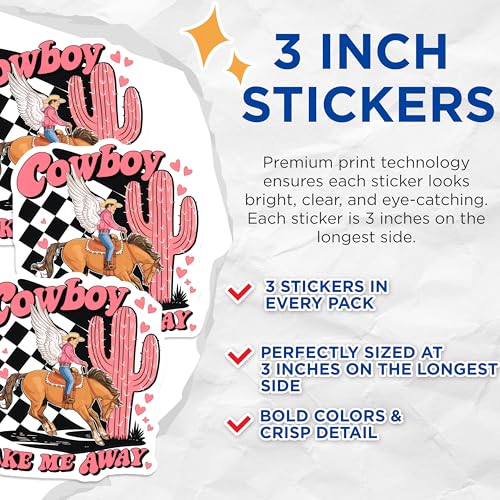 (3 Pack) Cowboy Take Me Away Decals - Winged Horse Decal - Western Laptop Decal - 3 Inches On Longest Side - Easy Peel & Apply - Made in USA - 3MCS4581