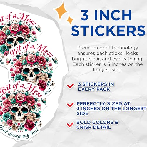 (3 Pack) Sugar Skull Decals - Floral Skull - Bit of a Mess Decals - 3 Inches On Longest Side - Easy Peel & Apply - Made in USA - 3MCS6158