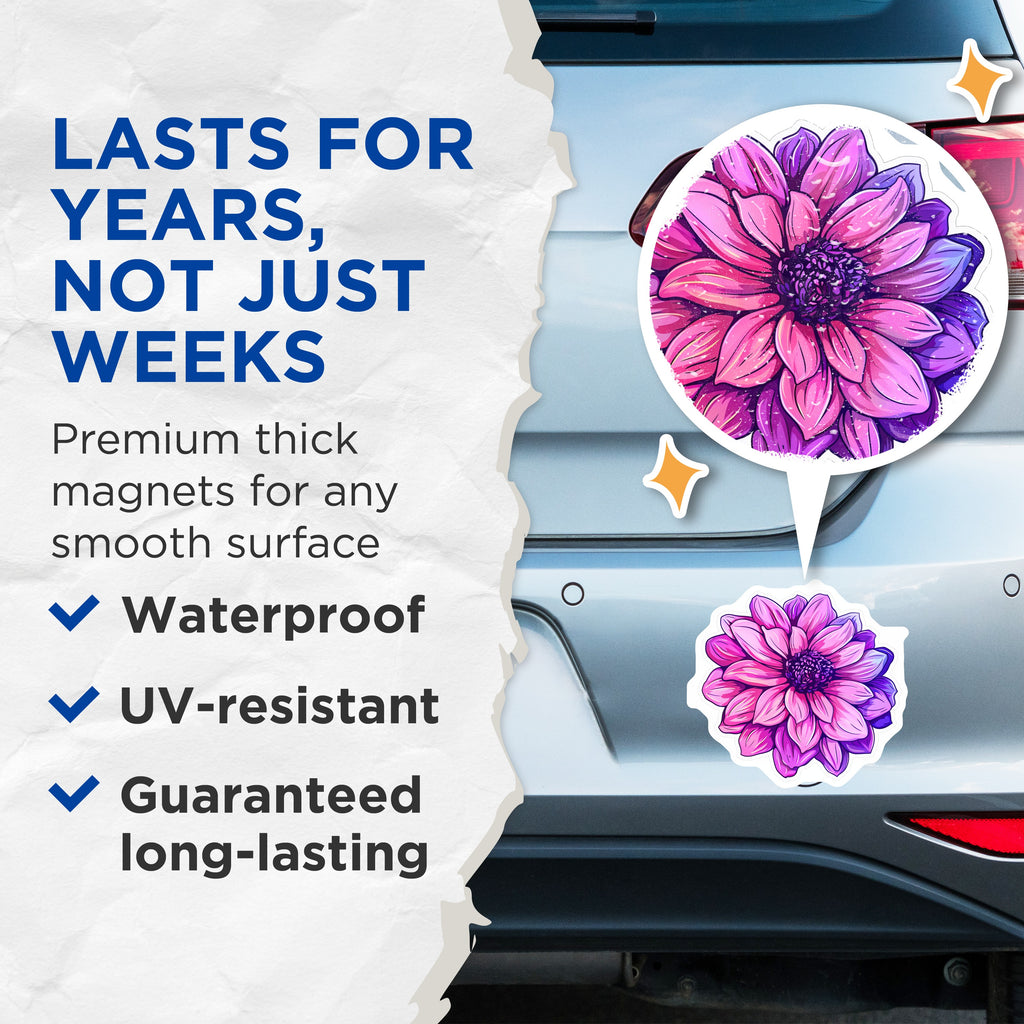 (2 Pack) Pink Purple Dahlia Magnets - Vibrant Floral Fridge Decor - Botanical Flower Art - Aesthetic Locker Accessory - 5 Inches On Longest Side - Thick Durable Magnet - Made in USA - MAG38319