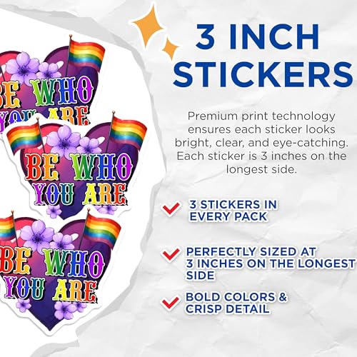 (3 Pack) LGBTQ Pride Decals - Be Who You are - Rainbow Flag Stickers - 3 Inches On Longest Side - Easy Peel & Apply - Made in USA - 3MCS7029