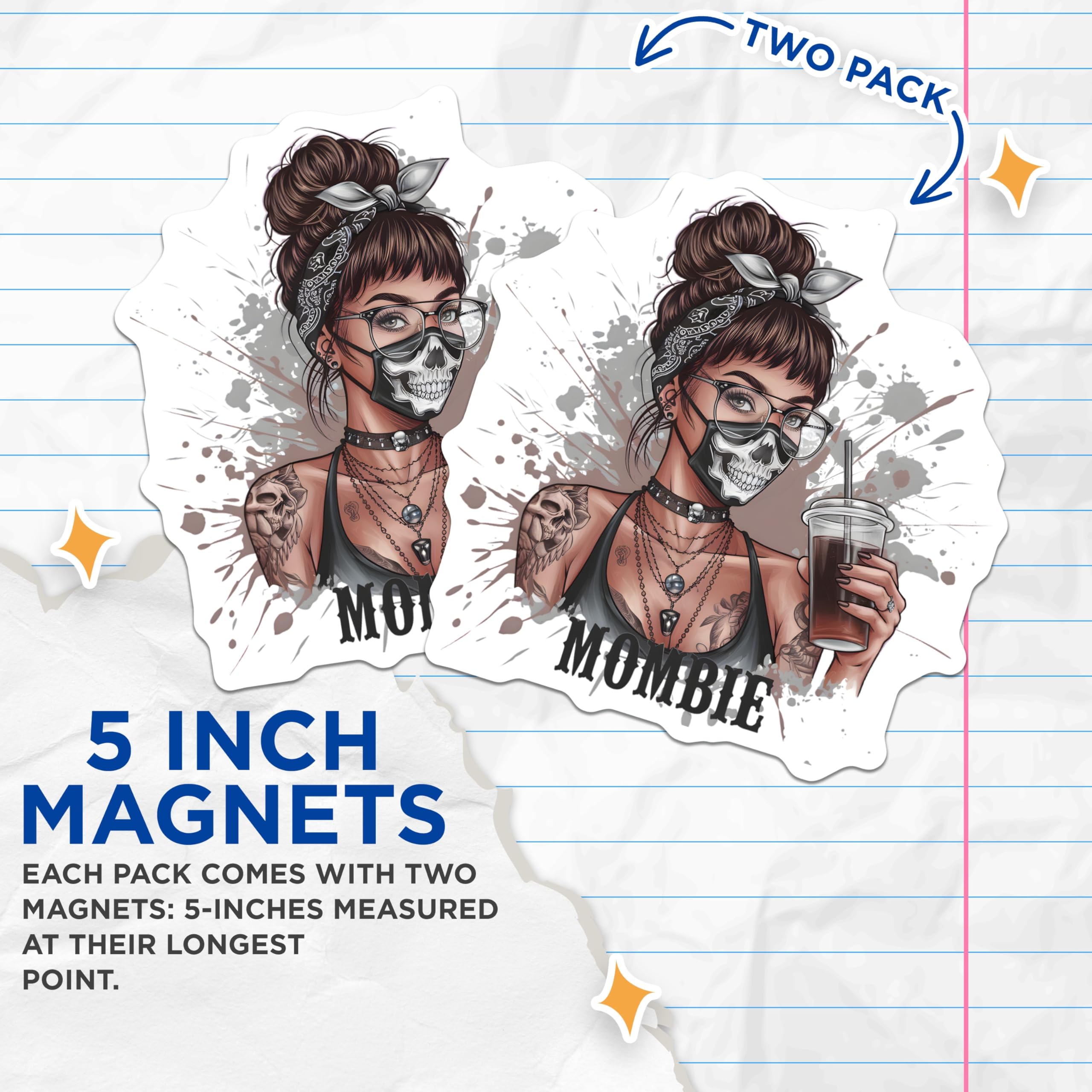 (2 Pack) Mombie Magnets - Messy Bun Coffee Lover Skull Mask - Alternative Mom Life Decals - 5 Inches On Longest Side - Thick Durable Magnet - Made in USA - MAG23228