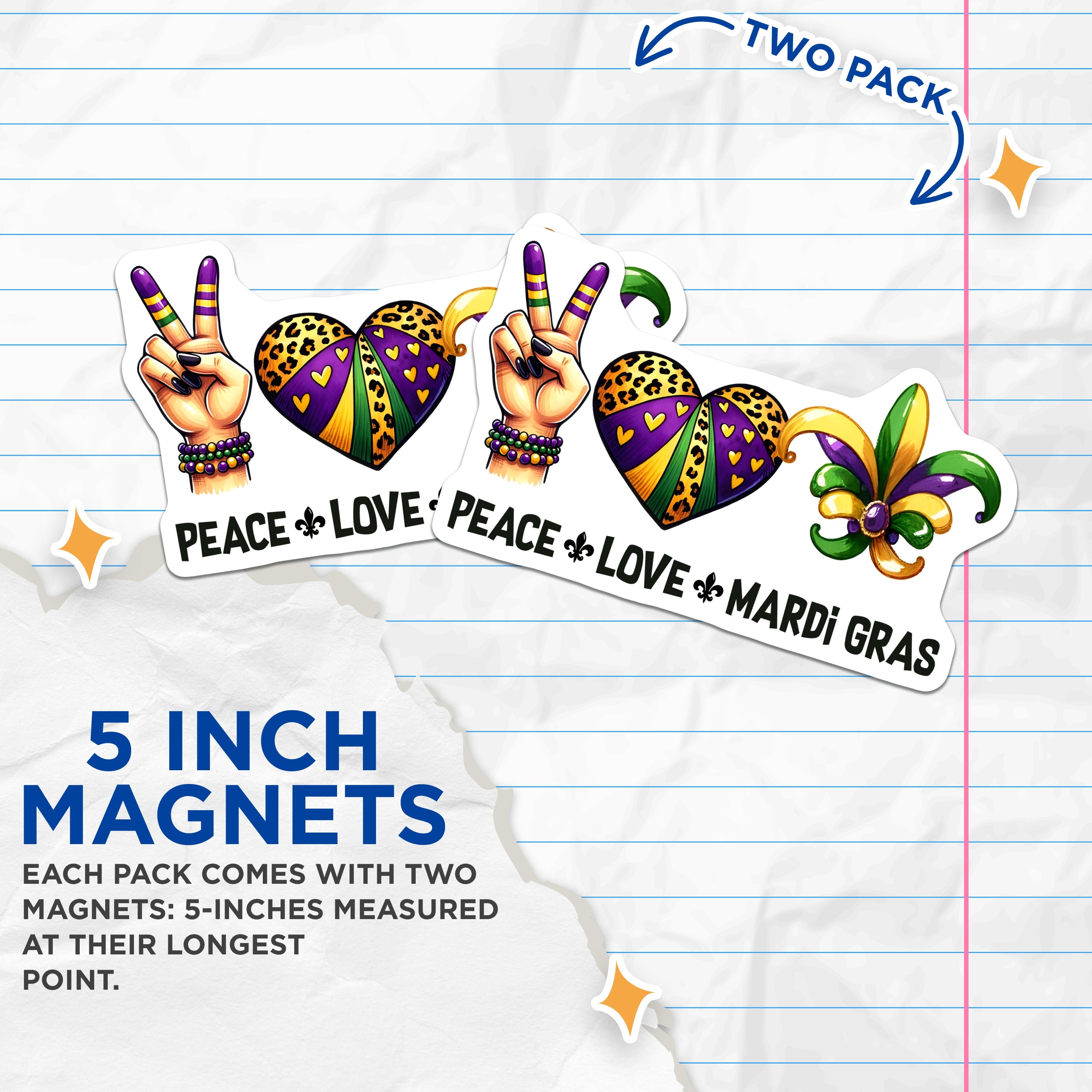 (2 Pack) Mardi Gras Magnets - Peace Love NOLA Decor - Fleur de Lis Carnival Party Celebration - 5 Inches On Longest Side - Thick Durable Magnet - Made in USA - MAG37154