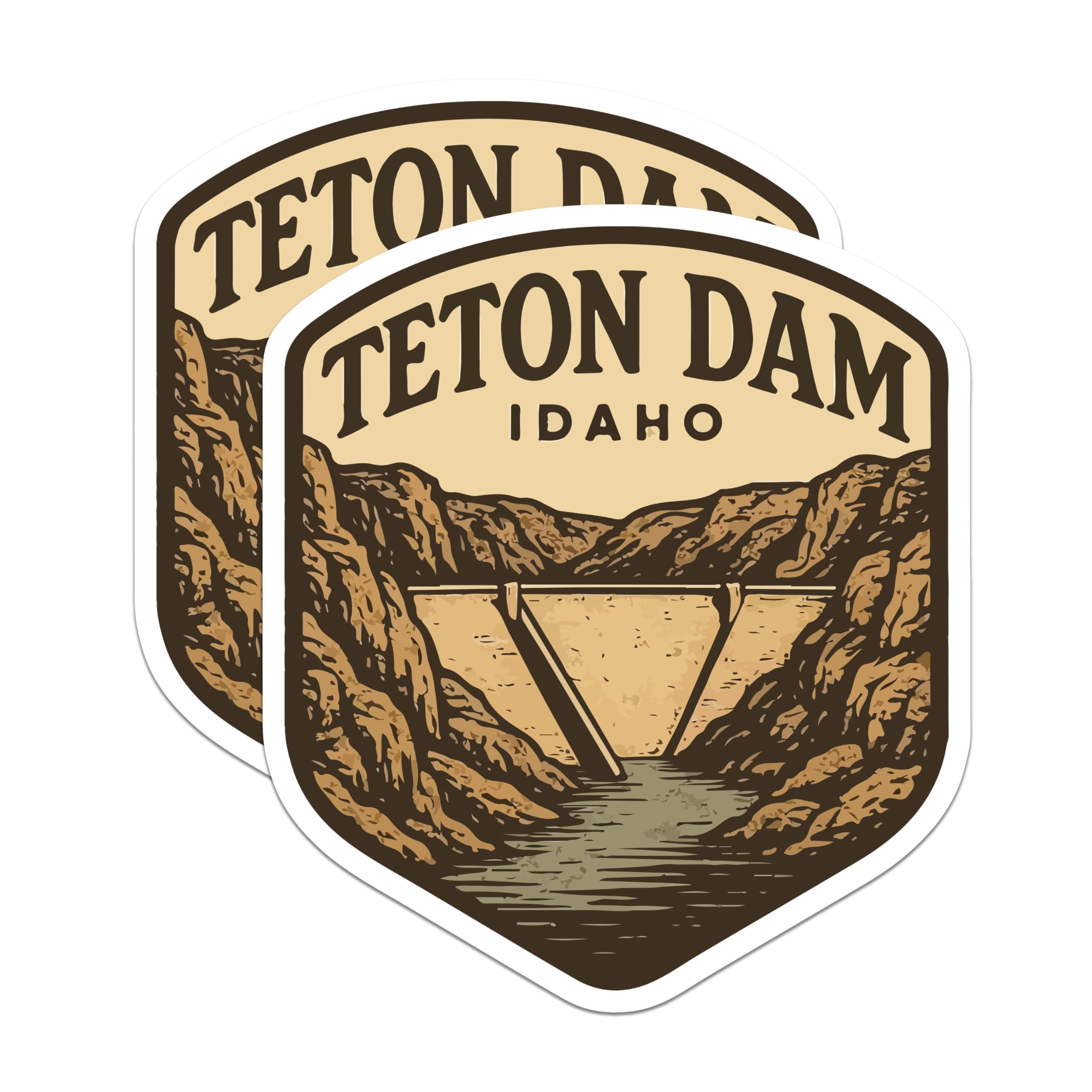 (2 Pack) Teton Dam Idaho Stickers - Idaho Mountain Scenery - Vintage Park Style Decals - 5" On Longest Side - Sticks to Smooth Flat Surfaces - Made in USA - BMCS20081