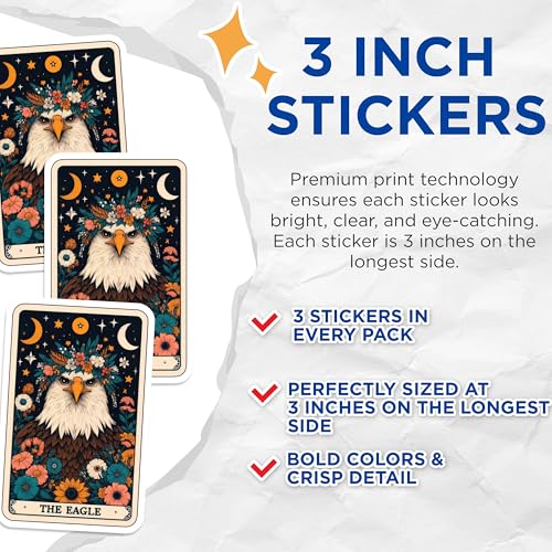 (3 Pack) Eagle Tarot Card Decals - Floral Crown Eagle Art - Laptop Decal - 3 Inches On Longest Side - Easy Peel & Apply - Made in USA - 3MCS4165