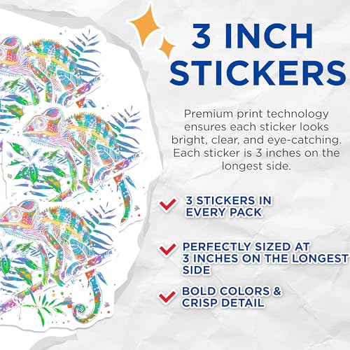 (3 Pack) Chameleon Decals - Colorful Lizard Decals - Reptile Lover Gift - 3 Inches On Longest Side - Easy Peel & Apply - Made in USA - 3MCS4334