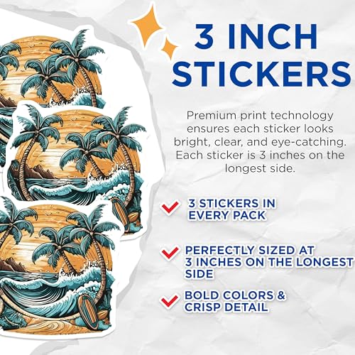 (3 Pack) Tropical Beach Decals - Palm Tree Stickers - Surfboard Ocean Scene - 3 Inches On Longest Side - Easy Peel & Apply - Made in USA - 3MCS8024