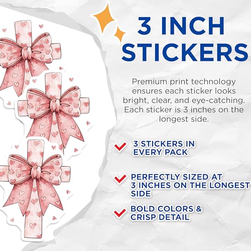 (3 Pack) Pink Heart Bow Decals - Watercolor Decal - Laptop Decals - 3 Inches On Longest Side - Easy Peel & Apply - Made in USA - 3MCS7405
