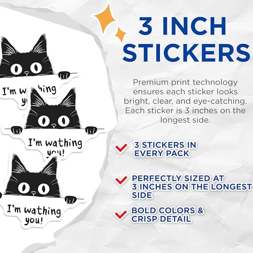 (3 Pack) Black Cat Decals - Funny Cat Saying - Watching You Decals - 3 Inches On Longest Side - Easy Peel & Apply - Made in USA - 3MCS2234