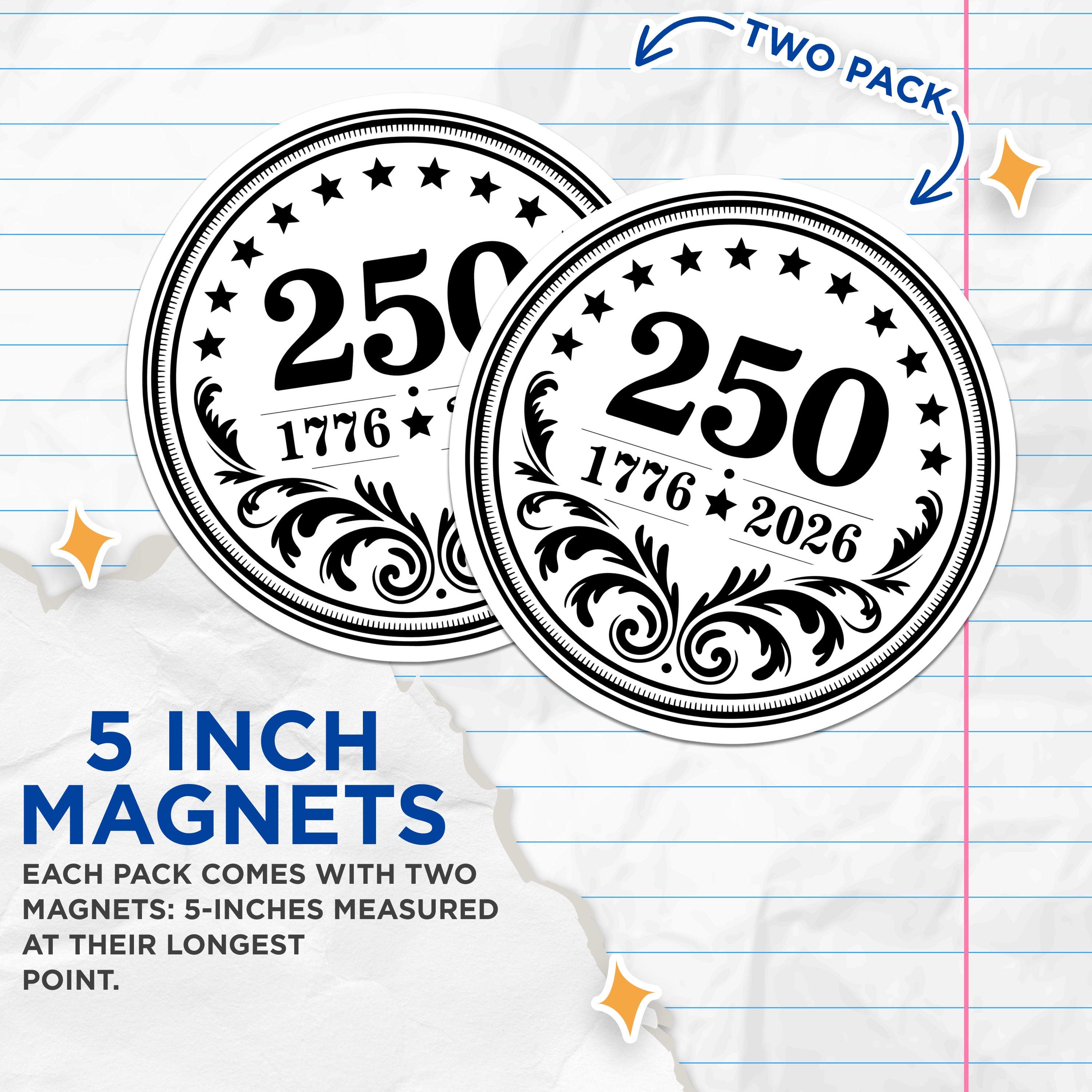 (2 Pack) USA 250th Anniversary Magnets - Semiquincentennial 1776 2026 - Patriotic American History Emblem - 5 Inches On Longest Side - Thick Durable Magnet - Made in USA - MAG37849