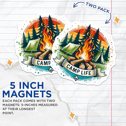 (2 Pack) Camp Life Magnets - Camping Outdoors - Campfire Forest Scenes - Camper Decor Magnets - 5" On Longest Side - for Cars, Fridges, Toolboxes - Made in USA - MAG7083