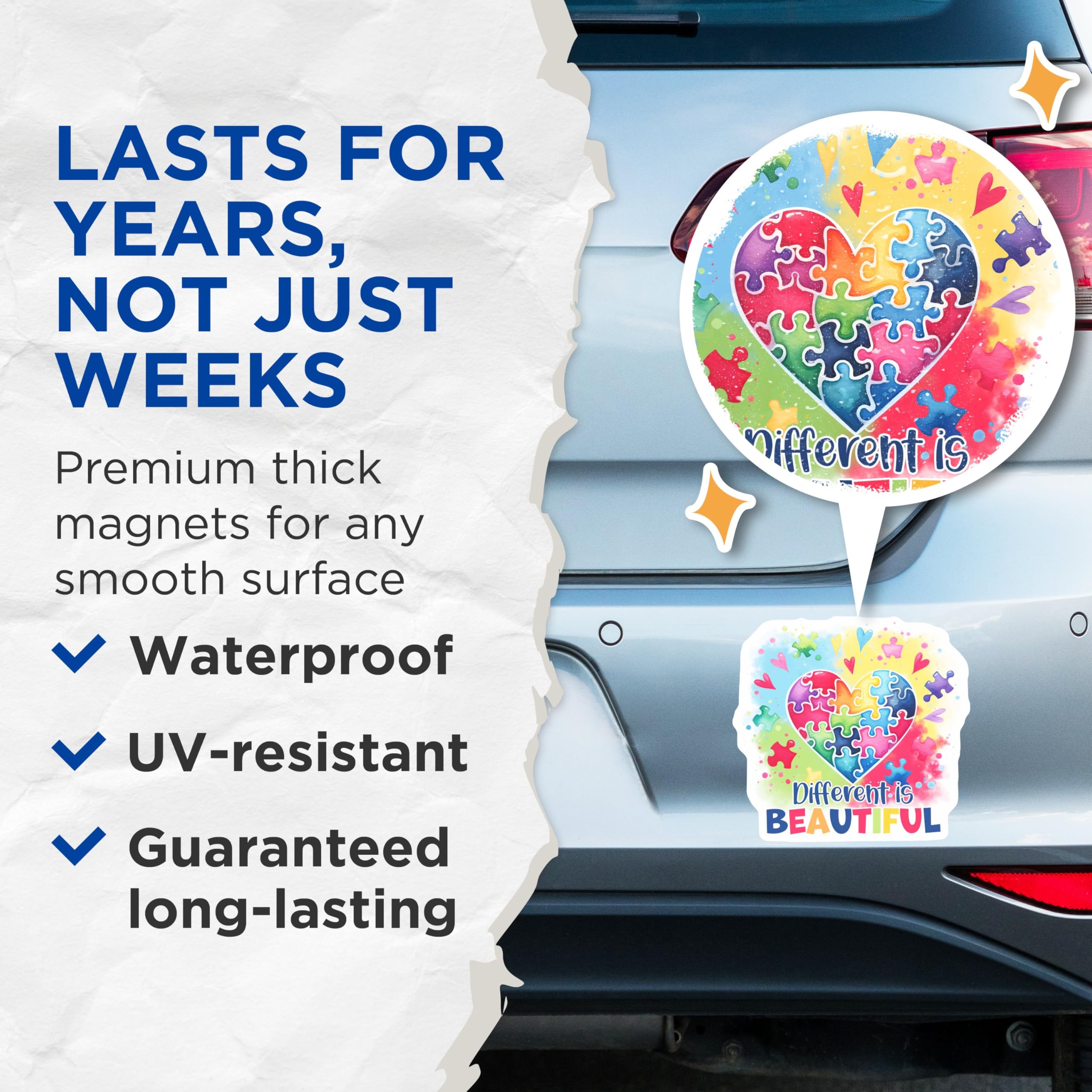 (2 Pack) Different is Beautiful Magnets - Heart Puzzle Magnets - Inspirational Quotes Magnets for Home Decor - 5" On Longest Side - for Cars, Refrigerators, Toolboxes, Lockers - Made in USA BMCS3199