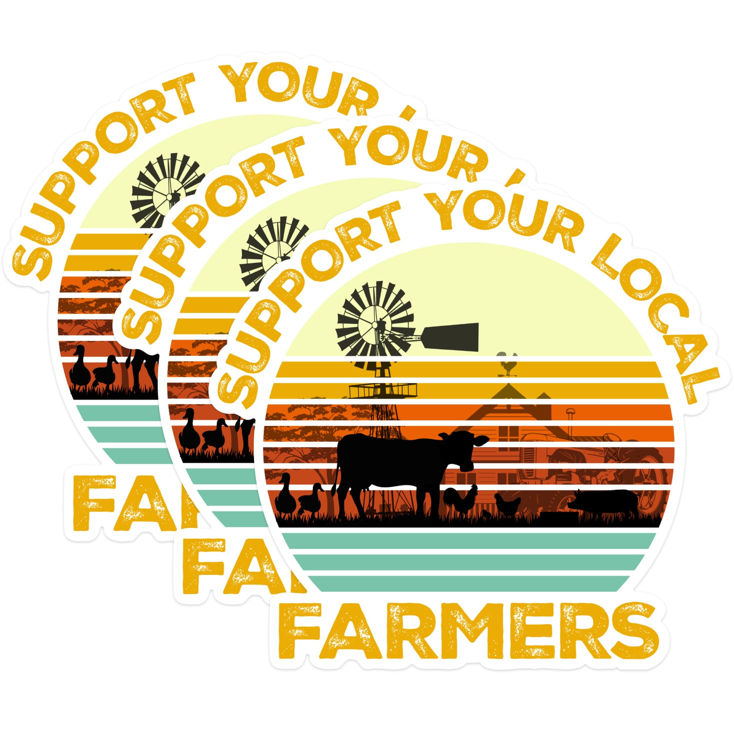 (3 Pack) Support Local Farmers Decals - Farm Animals Decal - Agriculture Decal - 3 Inches On Longest Side - Easy Peel & Apply - Made in USA - 3MCS1395