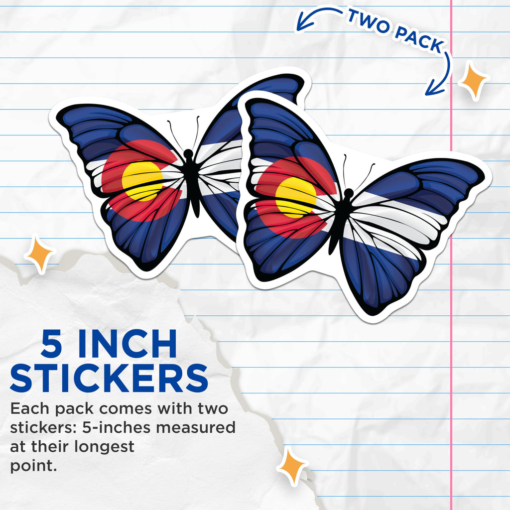 (2 Pack) Colorado Flag Stickers - Butterfly Decals - State Pride Souvenir - 5" On Longest Side - Sticks to Smooth Flat Surfaces - Made in USA - BMCS18374