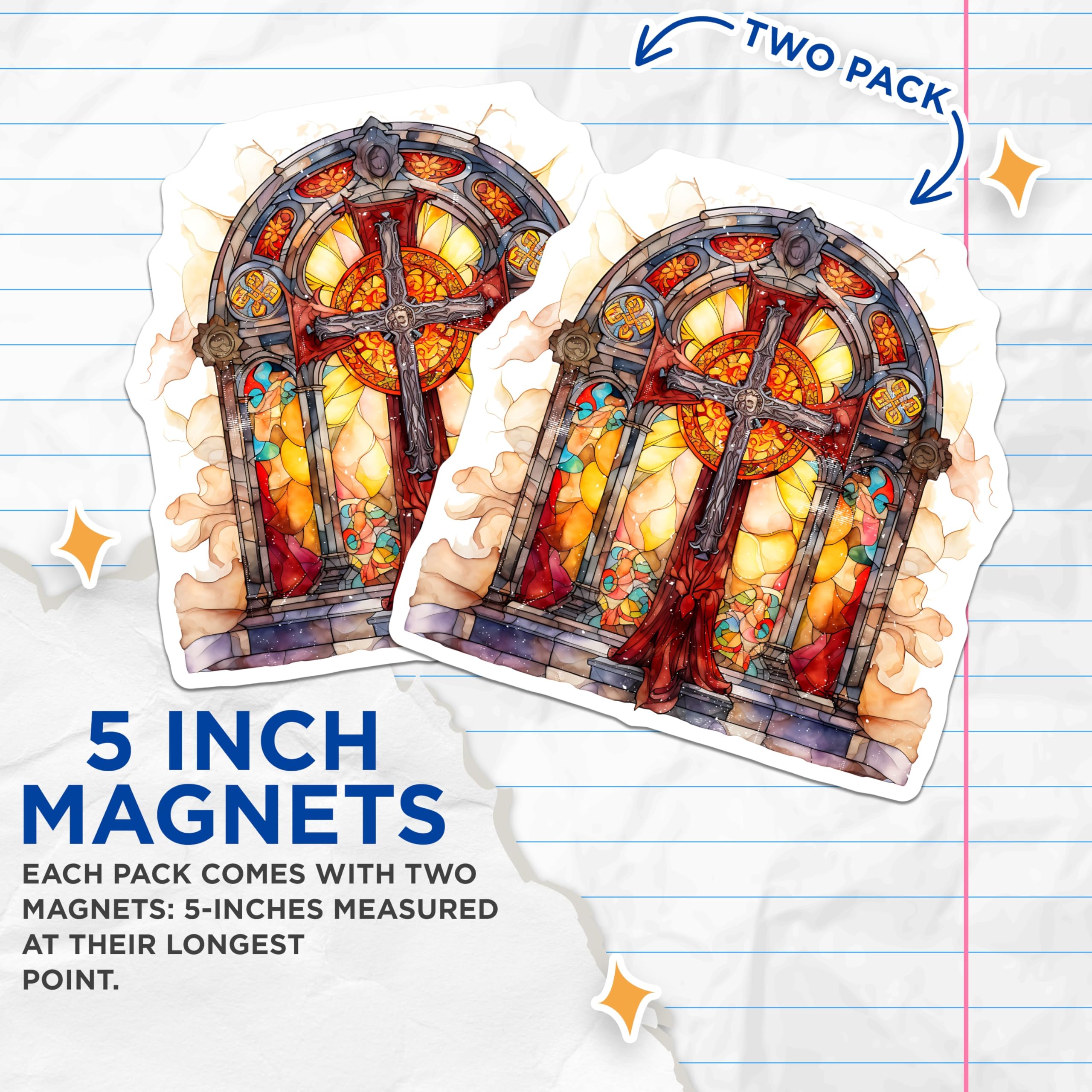 (2 Pack) Stained Glass Cross Magnets - Gothic Window Art - Religious Faith Decor Item - 5 Inches On Longest Side - Thick Durable Magnet - Made in USA - MAG25625