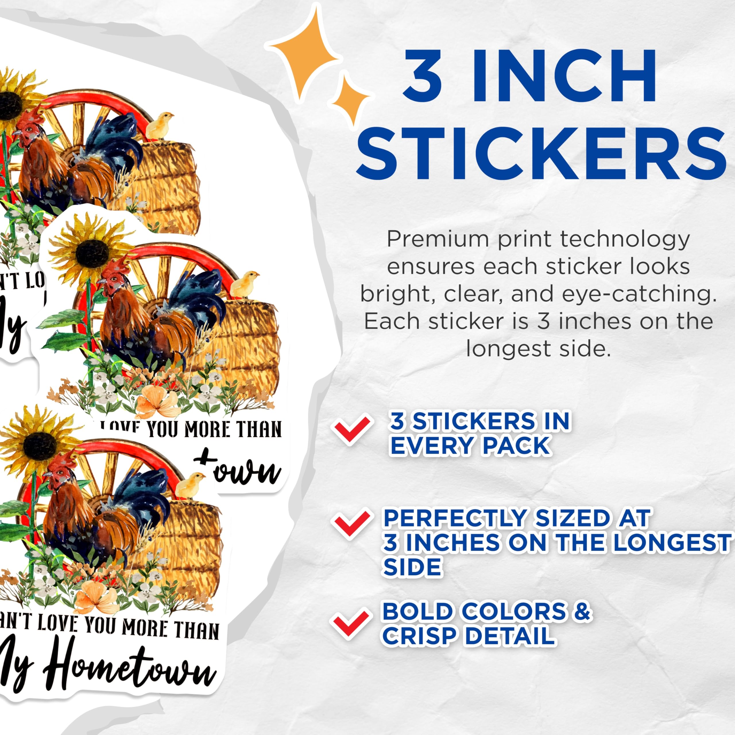(3 Pack) Hometown Decals - Farm Life Decals - Rustic Watercolor Chicken Decal - 3 Inches On Longest Side - Easy Peel & Apply - Made in USA - 3MCS4789