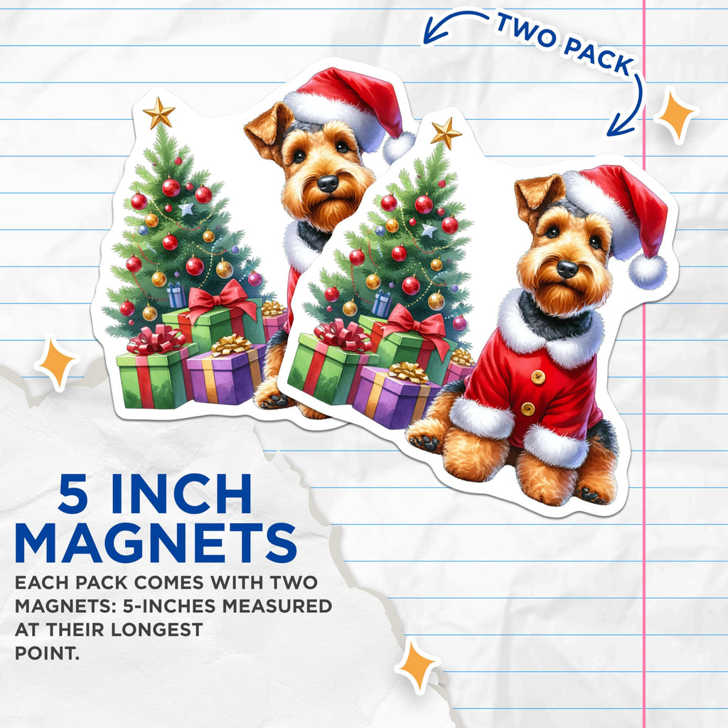 (2 Pack) Christmas Terrier Dog Magnets - Santa Puppy Fridge Decor - Holiday Pet Canine Scene - 5 Inches On Longest Side - Thick Durable Magnet - Made in USA - MAG23301
