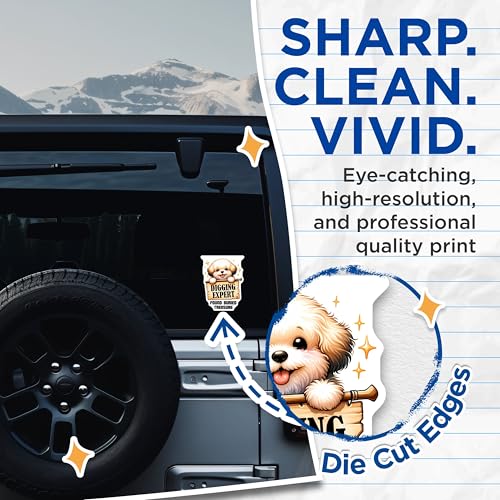(2 Pack) Digging Expert Stickers - Found Buried Treasure - Cute Dog Stickers - 5" On Longest Side - Sticks to Smooth Flat Surfaces - Made in USA - BMCS3736