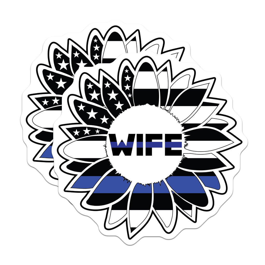 (2 Pack) Police Wife Stickers - Thin Blue Line Sunflower Decals - Law Enforcement Spouse Support - 5" On Longest Side - Sticks to Smooth Flat Surfaces - Made in USA - BMCS21116