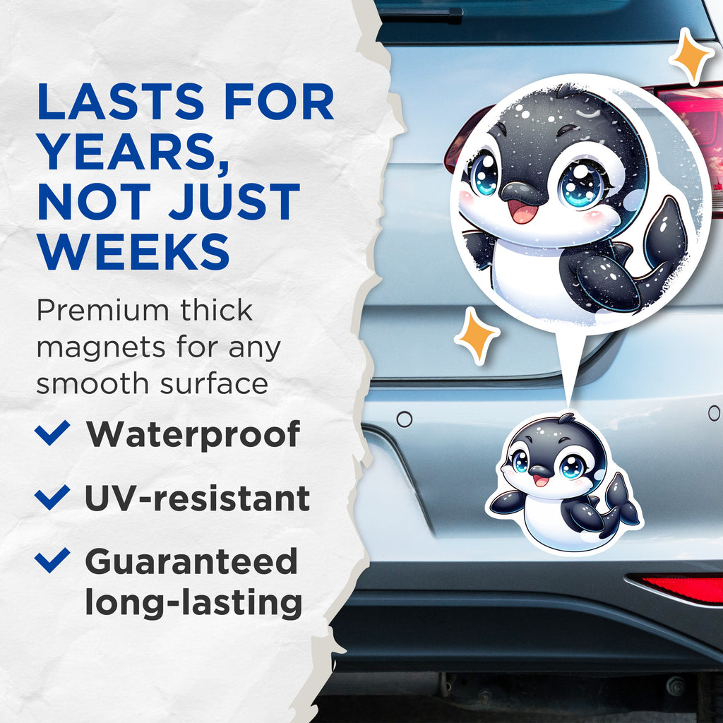 (2 Pack) Cute Orca Magnets - Kawaii Baby Whale - Ocean Animal Chibi Refrigerator Magnets - 5 Inches On Longest Side - Thick Durable Magnet - Made in USA - MAG38261