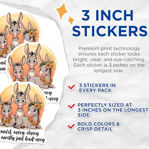 (3 Pack) Funny Donkey Decals - Badassy Donkey - Laptop Decal - 3 Inches On Longest Side - Easy Peel & Apply - Made in USA - 3MCS2110