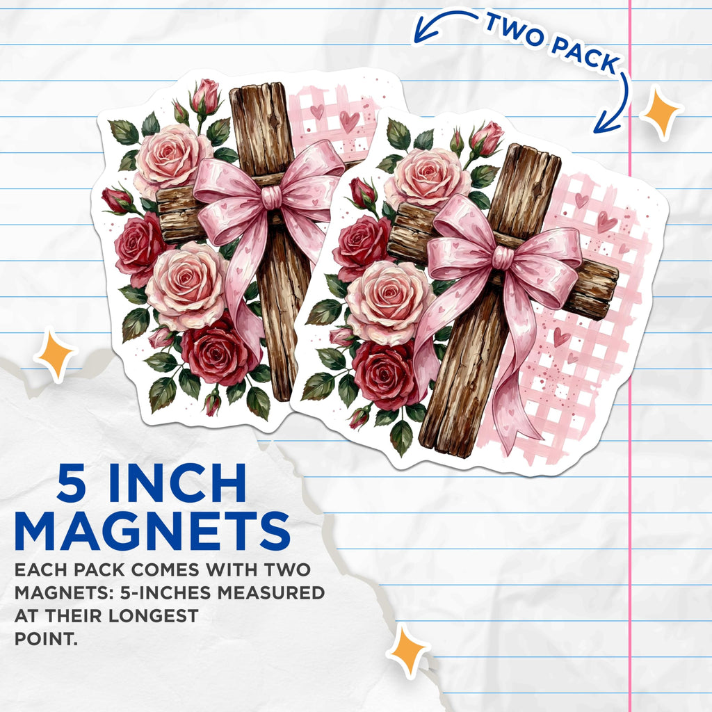 (2 Pack) Rustic Cross Magnets - Floral Rose Adorned - Religious Decor Magnets - 5" On Longest Side - Premium Magnet - for Cars, Refrigerators, Toolboxes, Lockers - Made in USA - MAG15910