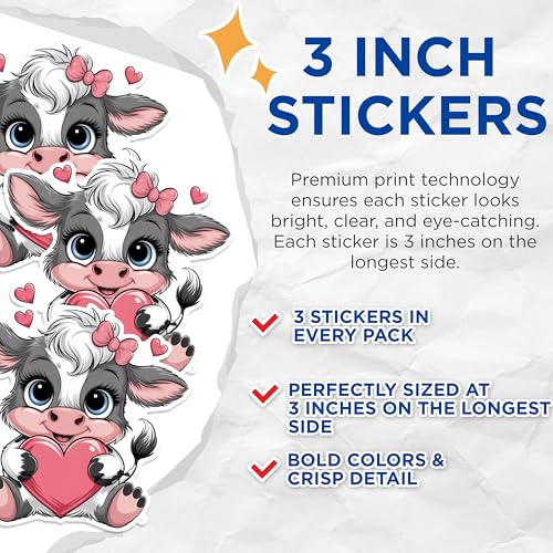 (3 Pack) Cow Heart Decals - Cute Animal Decal - Laptop Decal - 3 Inches On Longest Side - Easy Peel & Apply - Made in USA - 3MCS1674