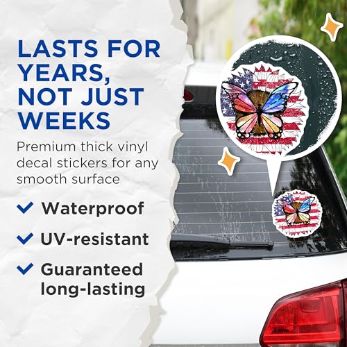 (2 Pack) Butterfly Flower Stickers - American Flag Butterfly Decal - Patriotic Floral Butterfly Art - 5" On Longest Side - Sticks to Smooth Flat Surfaces - Made in USA - BMCS5909