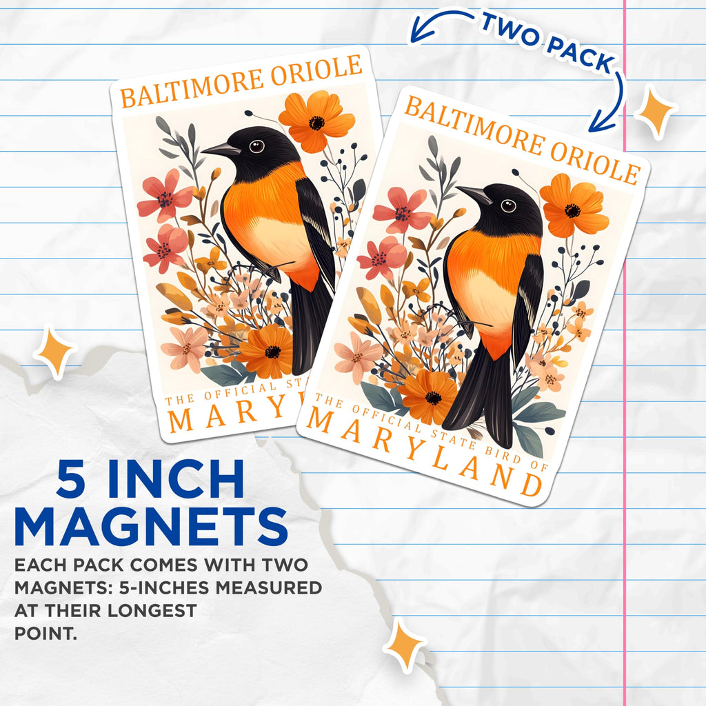 (2 Pack) Baltimore Oriole Magnets - Maryland State Bird - Floral Art Decor - 5" On Longest Side - Premium Magnet - for Cars, Refrigerators, Toolboxes, Lockers - Made in USA - MAG18157