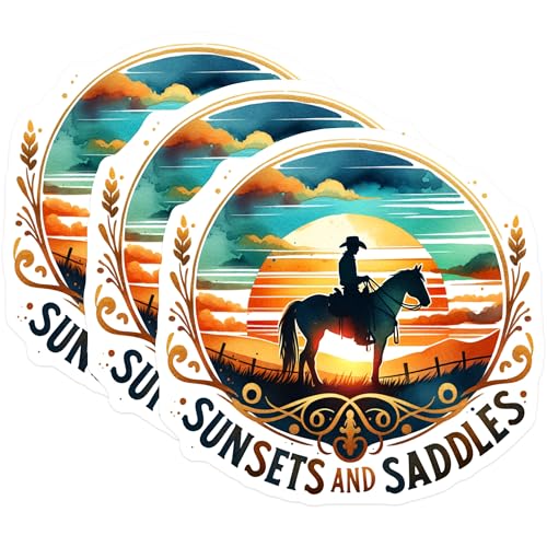 (3 Pack) Cowboy Decals - Horse Rider Stickers - Sunsets and Saddles Decor- 3 Inches On Longest Side - Easy Peel & Apply - Made in USA - 3MCS5482