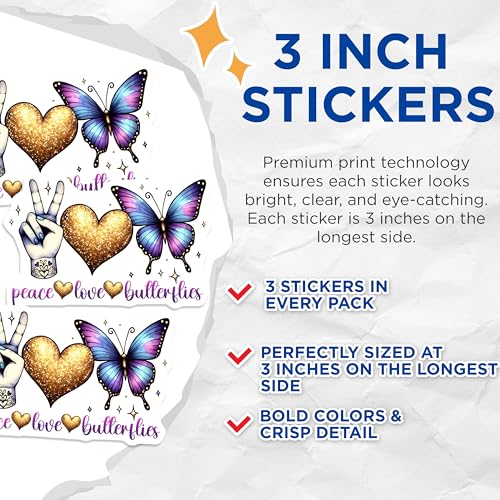 (3 Pack) Peace Love Butterfly Decals - Hippie Stickers - Laptop Decal - 3 Inches On Longest Side - Easy Peel & Apply - Made in USA - 3MCS8490