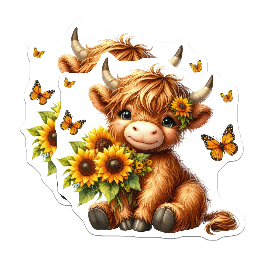 (2 Pack) Cute Highland Cow Magnets - Sunflower Farmhouse Decor - Whimsical Animal Refrigerator Art - 5 Inches On Longest Side - Thick Durable Magnet - Made in USA - MAG39289