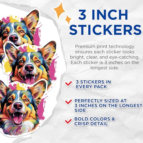 (3 Pack) Corgi Dog Decals - Laptop Decals - Colorful Dog Art - 3 Inches On Longest Side - Easy Peel & Apply - Made in USA - 3MCS0690