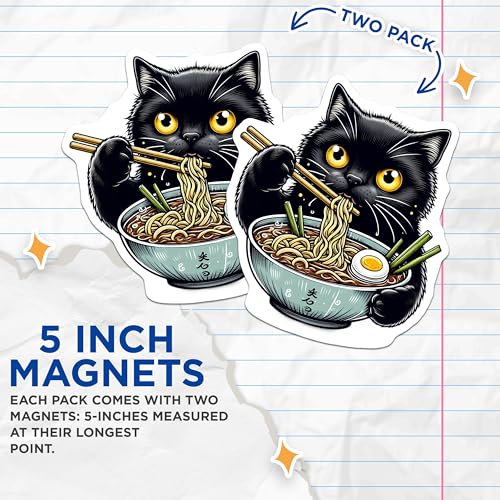 (2 Pack) Cute Black Cat Magnet - Adorable Kitchen Decor - Kawaii Cat - 5" On Longest Side - Sticks to Smooth Flat Surfaces - Made in USA - MAG10261