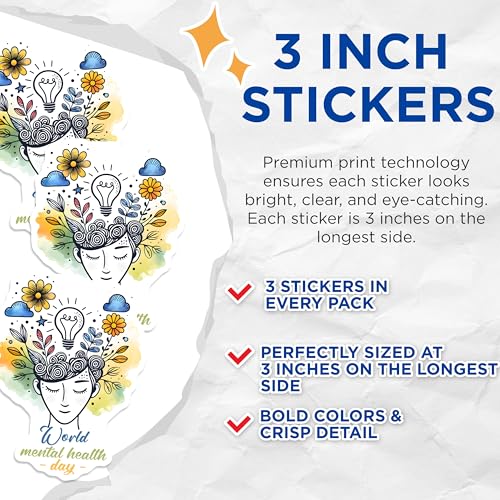 (3 Pack) World Mental Health Day Decals - Awareness Decals - Positive Affirmation - 3 Inches On Longest Side - Easy Peel & Apply - Made in USA - 3MCS7007