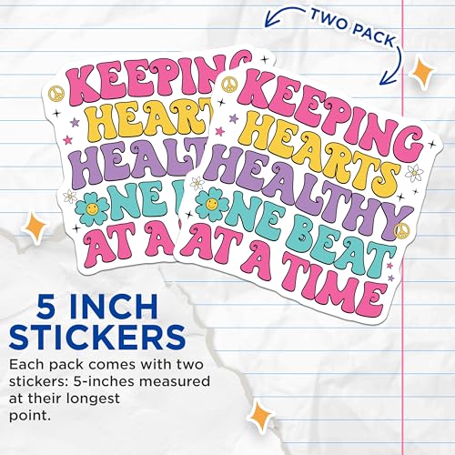 (2 Pack) Keeping Hearts Healthy Stickers - Motivational Quote - Colorful Design - 5" On Longest Side - Sticks to Smooth Flat Surfaces - Made in USA - BMCS9137
