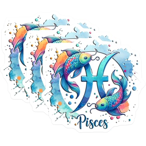 (3 Pack) Pisces Zodiac Decals - Watercolor Astrology Sign - Colorful Fish Sticker- 3 Inches On Longest Side - Easy Peel & Apply - Made in USA - 3MCS5786
