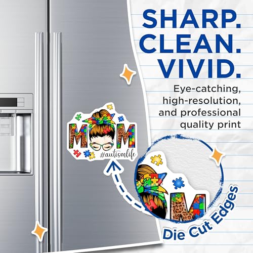 (2 Pack) Mom Autism Awareness Magnets Magnets - Puzzle Piece Pattern - Proud Mom Design - 5" On Longest Side - Made in USA - Sticks to Refrigerators & Metal Surfaces - MAG9002