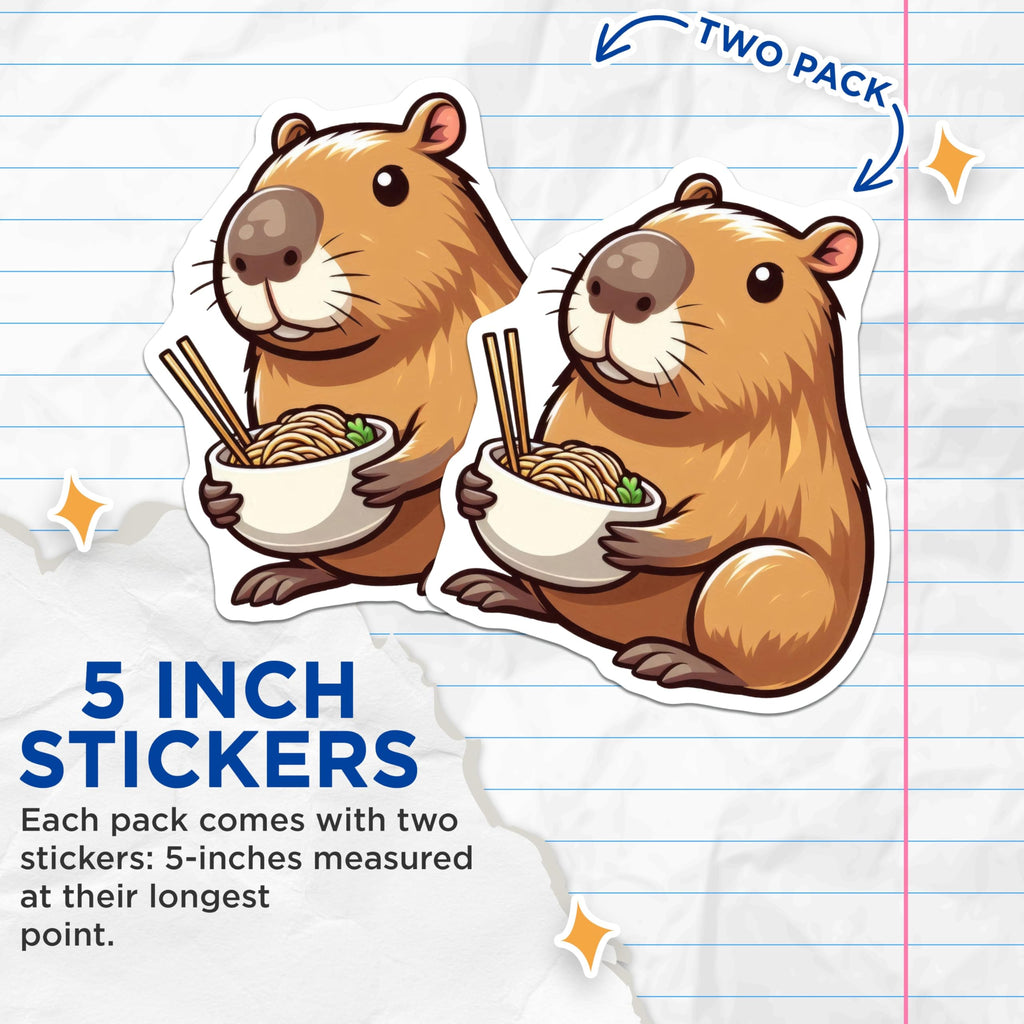 (2 Pack) Capybara Eating Noodles Stickers - Cute Animal Sticker - Kawaii Capybara Decal - 5" On Longest Side - Sticks to Smooth Flat Surfaces - Made in USA - BMCS9912