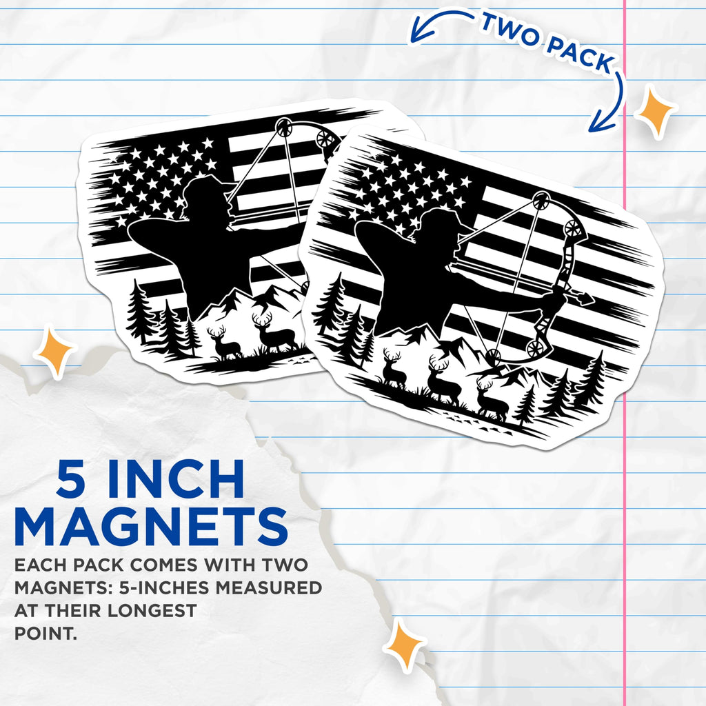 (2 Pack) Bow Hunter Magnets - Distressed American Flag Archery - Mountain Deer Wildlife Magnets - 5 Inches On Longest Side - Thick Durable Magnet - Made in USA - MAG19869